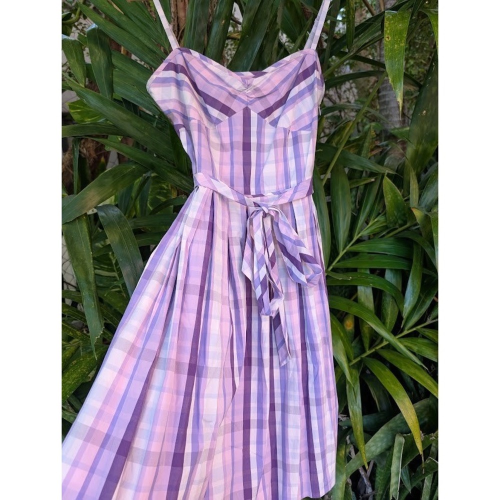 SOLDgingham purple dress 6 checked pinup 100% cotton maiden soft girl feminine a